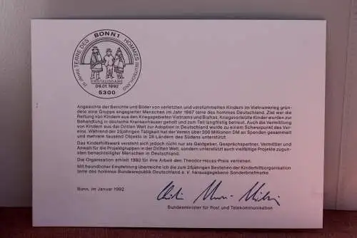 Ministerkarte zum Ausgabeanlaß: "Terre des Hommes", 9. Jan. 1992;  MiNr. 1585