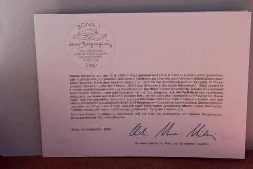 Ministerkarte zum Ausgabeanlaß: "Werner Bergengruen", 10. Sept.. 1992;  MiNr. 1629