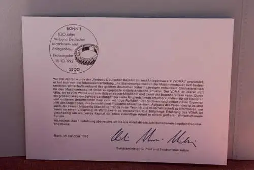 Ministerkarte zum Ausgabeanlaß: "100 Jahre VDMA", 15. Okt.. 1992;  MiNr. 1636