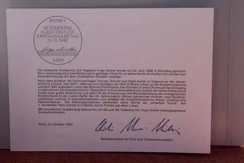 Ministerkarte zum Ausgabeanlaß: "Hugo Diestler", 15. Okt.. 1992;  MiNr. 1637