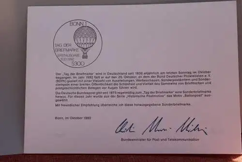 Ministerkarte zum Ausgabeanlaß: "Tag der Briefmarke 1992", 15. Okt.. 1992;  MiNr. 1638