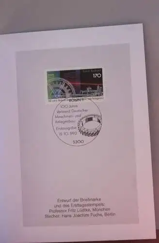 Ministerkarte zum Ausgabeanlaß: "100 Jahre VDMA", 15. Okt.. 1992;  MiNr. 1636