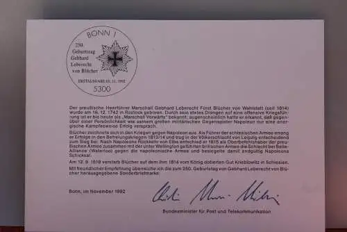 Ministerkarte zum Ausgabeanlaß: "Gebhard Leberecht von Blücher", 5. Nov. 1992;  MiNr. 1641