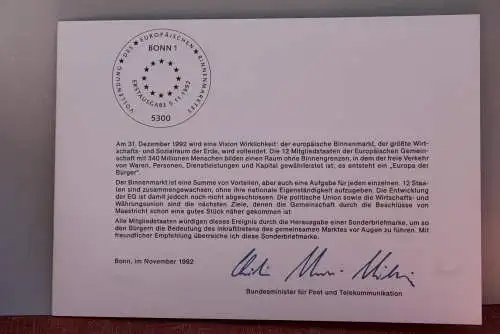 Ministerkarte zum Ausgabeanlaß: "Europäischer Binnenmarkt", 5. Nov. 1992;  MiNr. 1644