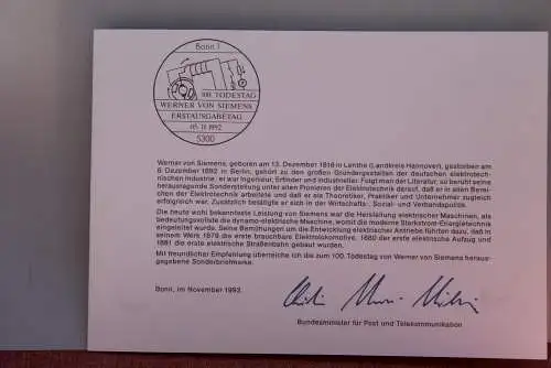 Ministerkarte zum Ausgabeanlaß: "Werner von Siemens", 5. Nov. 1992;  MiNr. 1642