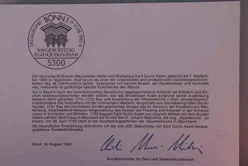 Ministerkarte zum Ausgabeanlaß: "Egid Quirin Asam", 13. Aug. 1992; MiNr. 1624