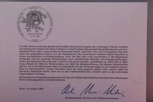 Ministerkarte zum Ausgabeanlaß: "250 Jahre Deutsche Staatsoper Berlin", 13. Aug. 1992; MiNr. 1625