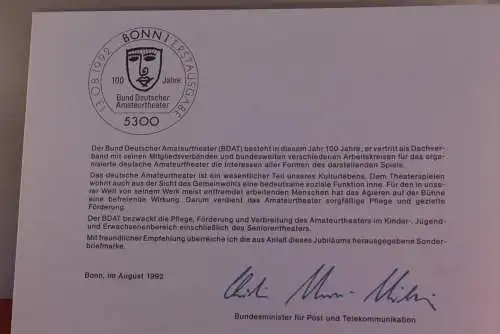 Ministerkarte zum Ausgabeanlaß: "Bund Deutscher Amateurtheater", 10. Sept. 1992; MiNr. 1626