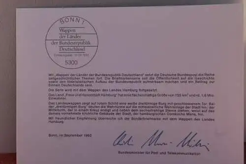 Ministerkarte zum Ausgabeanlaß: "Wappen der Bundesländer: Hamburg", 10. Sept. 1992; MiNr. 1591