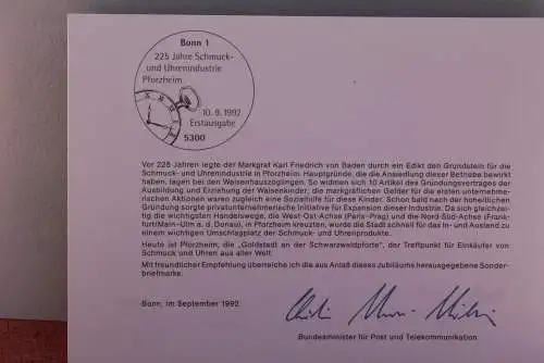 Ministerkarte zum Ausgabeanlaß: "Schmuck- und Uhrenindustrie Pforzheim", 10. Sept. 1992; MiNr. 1628