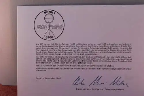 Ministerkarte zum Ausgabeanlaß: "500 Jahre Erdglobus", 10. Sept. 1992; MiNr. 1627