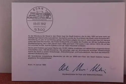 Ministerkarte zum Ausgabeanlaß: "2000 Jahre Koblenz", 9. Jan. 1992; MiNr. 1583