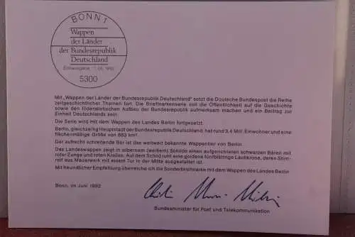 Ministerkarte zum Ausgabeanlaß: "Wappen der Bundesländer: Berlin", 11. Juni 1992; MiNr. 1588