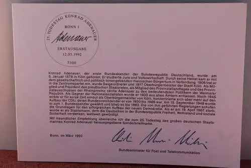 Ministerkarte zum Ausgabeanlaß: "Konrad Adenauer", 12. März 1992; MiNr. 1601