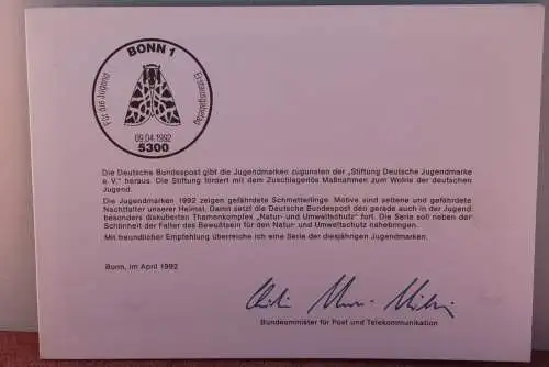 Ministerkarte zum Ausgabeanlaß: "Für die Jugend 1992: Gefährdete Nachtfalter", 9. April 1992; MiNr. 1602-06