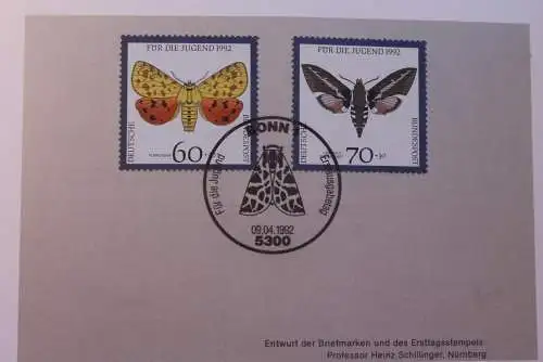 Ministerkarte zum Ausgabeanlaß: "Für die Jugend 1992: Gefährdete Nachtfalter", 9. April 1992; MiNr. 1602-06