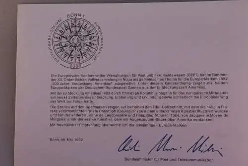 Ministerkarte zum Ausgabeanlaß: "EUROPA-Marken 1992", 7. Mai 1992; MiNr. 1608-09
