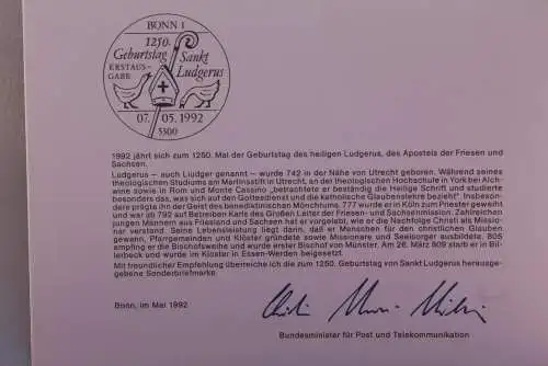 Ministerkarte zum Ausgabeanlaß: "Sankt Ludgerus", 7. Mai 1992; MiNr. 1610