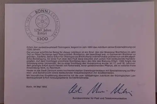 Ministerkarte zum Ausgabeanlaß: "1250 Jahre Erfurt", 7. Mai 1992; MiNr. 1611