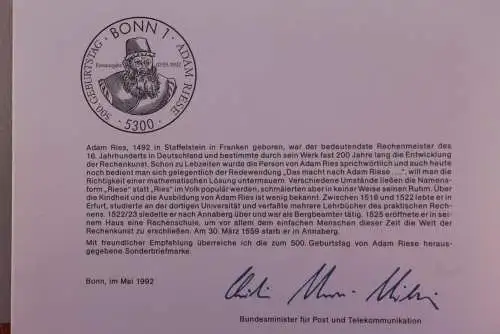 Ministerkarte zum Ausgabeanlaß: "Adam Riese"", 7. Mai 1992; MiNr. 1612