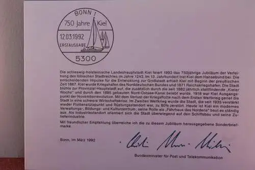 Ministerkarte zum Ausgabeanlaß: "750 Jahre Kiel", 12. März 1992; MiNr. 1598