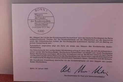 Ministerkarte zum Ausgabeanlaß: "Wappen der Bundesländer: Baden-Württemberg", 9. Jan. 1992; MiNr. 1586