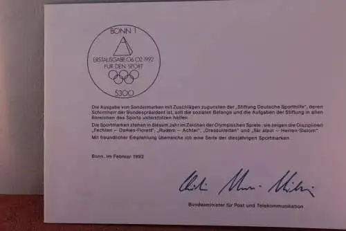 Ministerkarte zum Ausgabeanlaß: "Für den Sport -Sporthilfe / Olympische Winterspiele", 6. Febr. 1992; MiNr. 1592-95