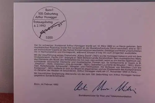 Ministerkarte zum Ausgabeanlaß: "Arthur Honegger", 12. März 1992; MiNr. 1596