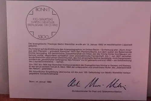 Ministerkarte zum Ausgabeanlaß: "Martin Niemöller", 9. Jan. 1992; MiNr. 1584