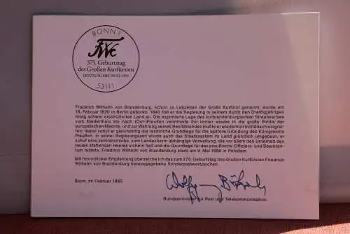 Ministerkarte zum Ausgabeanlaß: "375. Geburtstag des Großen Kurfürsten", 9. Febr. 1995; MiNr. 1781
