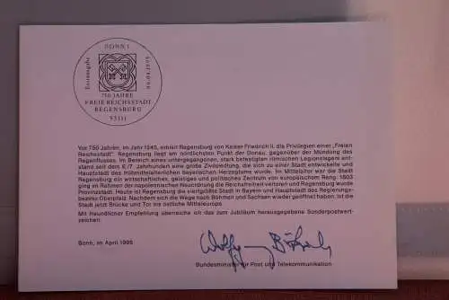 Ministerkarte zum Ausgabeanlaß: "750 Jahre Freie Reichsstadt Regensburg", 6. April 1995; MiNr. 1786