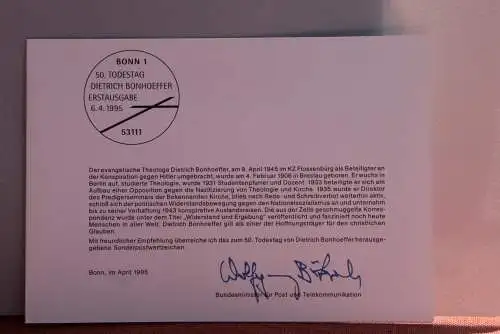 Ministerkarte zum Ausgabeanlaß: "Dietrich Bonhoeffer", 6. April 1995; MiNr. 1788