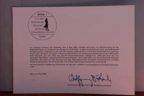 Ministerkarte zum Ausgabeanlaß: "100 Jahre Schiller-Gesellschaft" , 5. Mai 1995; MiNr. 1792