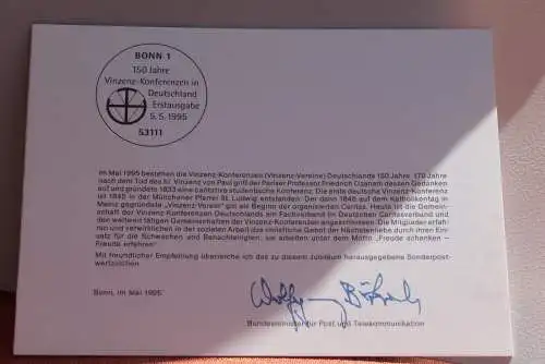 Ministerkarte zum Ausgabeanlaß: "150 Jahre Vinzenz-Konferenzen" , 5. Mai 1995; MiNr. 1793