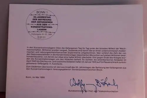 Ministerkarte zum Ausgabeanlaß: Blockausgabe: "Befreiung aus den KZ" , 5. Mai 1995; MiNr. Block 32