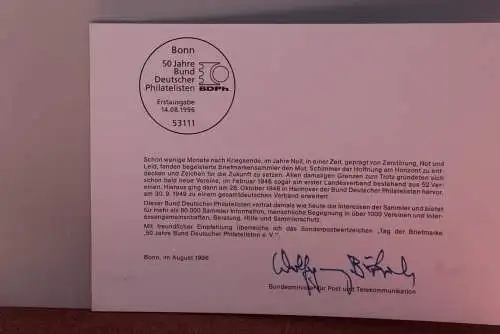 Ministerkarte zum Ausgabeanlaß:  "Tag der Briefmarke 1996", 14.8.1996; MiNr. 1878