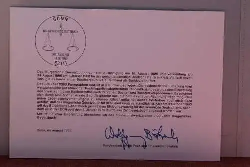 Ministerkarte zum Ausgabeanlaß:  "100 Jahre BGB", 14.8.1996; MiNr. 1874