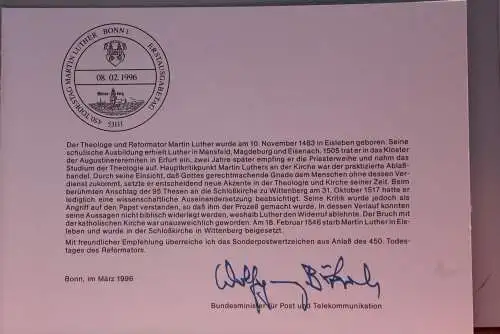 Ministerkarte zum Ausgabeanlaß: "Martin Luther", 8.2.1996; MiNr. 1841