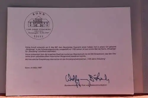 Ministerkarte zum Ausgabeanlaß: "1100 Jahre Straubing", 10.3.1997; MiNr. 1910