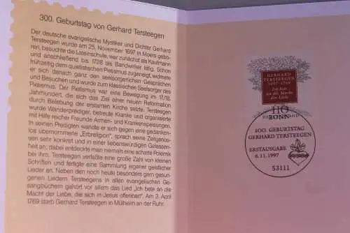 Ministerkarte zum Ausgabeanlaß: "Gerhard Tersteegen", 6.11.1997; MiNr. 1961