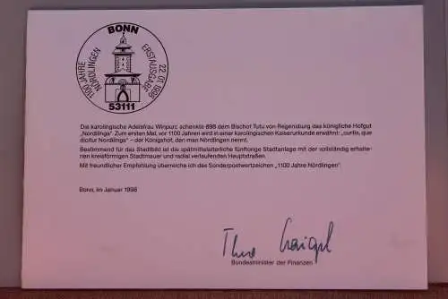 Ministerkarte zum Ausgabeanlaß: "1100 Jahre Nördlingen"; 22.1.1998; MiNr. 1965