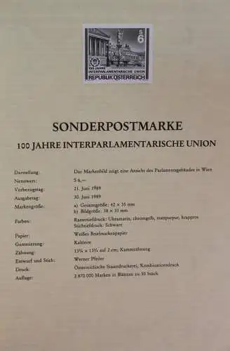 Schwarzdruck auf Schwarzdruckblatt Österreich 1989 zur Ausgabe: 100 Jahre Interparlamentarische Union