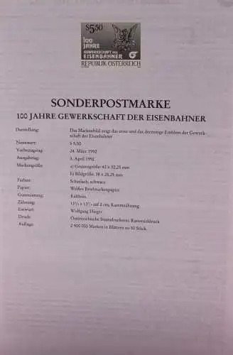 Schwarzdruck auf Schwarzdruckblatt Österreich 1992 zur Ausgabe: 100 Jahre Gewerkschaft der Eisenbahner