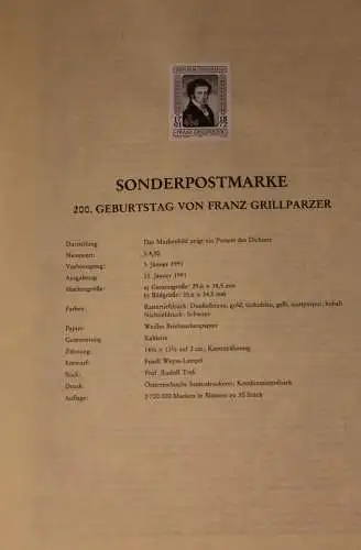 Schwarzdruck auf Schwarzdruckblatt Österreich 1991 zur Ausgabe: 200. Geburtstag Franz Grillparzer