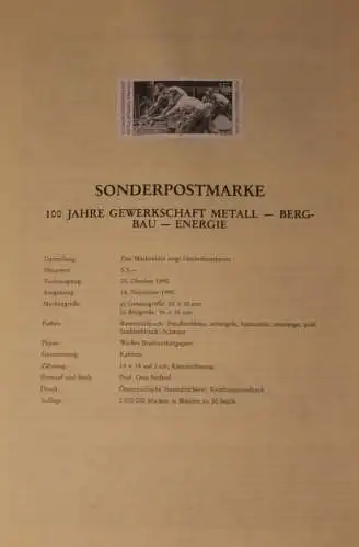 Schwarzdruck auf Schwarzdruckblatt Österreich 1990 zur Ausgabe: 100 Jahre Gewerkschaft Metall - Bergbau - Energie