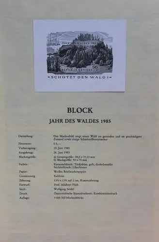 Schwarzdruck auf Schwarzdruckblatt Österreich 1985 zur Ausgabe: Block Jahr des Waldes