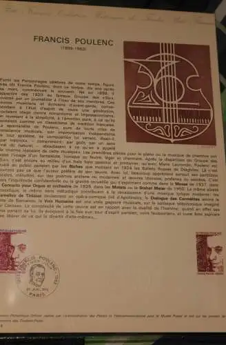 Frankreich Ersttagsblatt  19-74 der PTT (POST) 1974 zur Ausgabe: Francis Poulenc; Musik