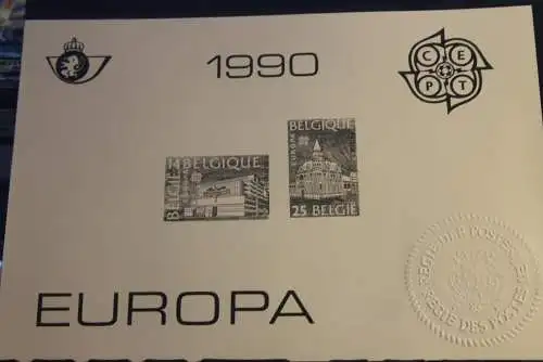 Belgien, Amtlicher Schwarzdruck der Belgischen Post: EUROPA-Marken 1990, mit Prägesigel