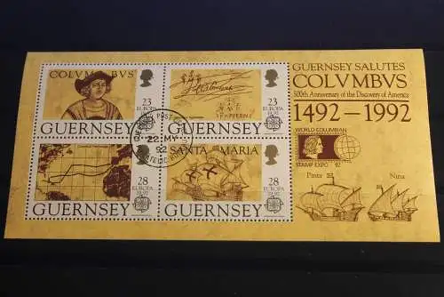 Guernsey CEPT EUROPA UNION 1992, Block 8 mit offiziellem Zudruck zur World Columbian Stamp EXPO, gestempelt