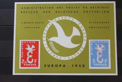 Belgien, Amtliches Gedenkblatt der Belgischen Post: EUROPA-Marken 1958